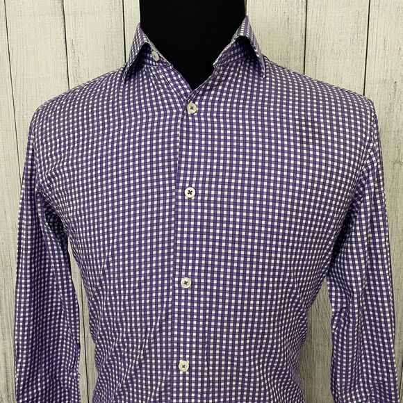Bugatchi Uomo Other - Bugatchi Uomo Men's Size 15 Purple & White Gingham Contrast Cuff Dress Shirt
